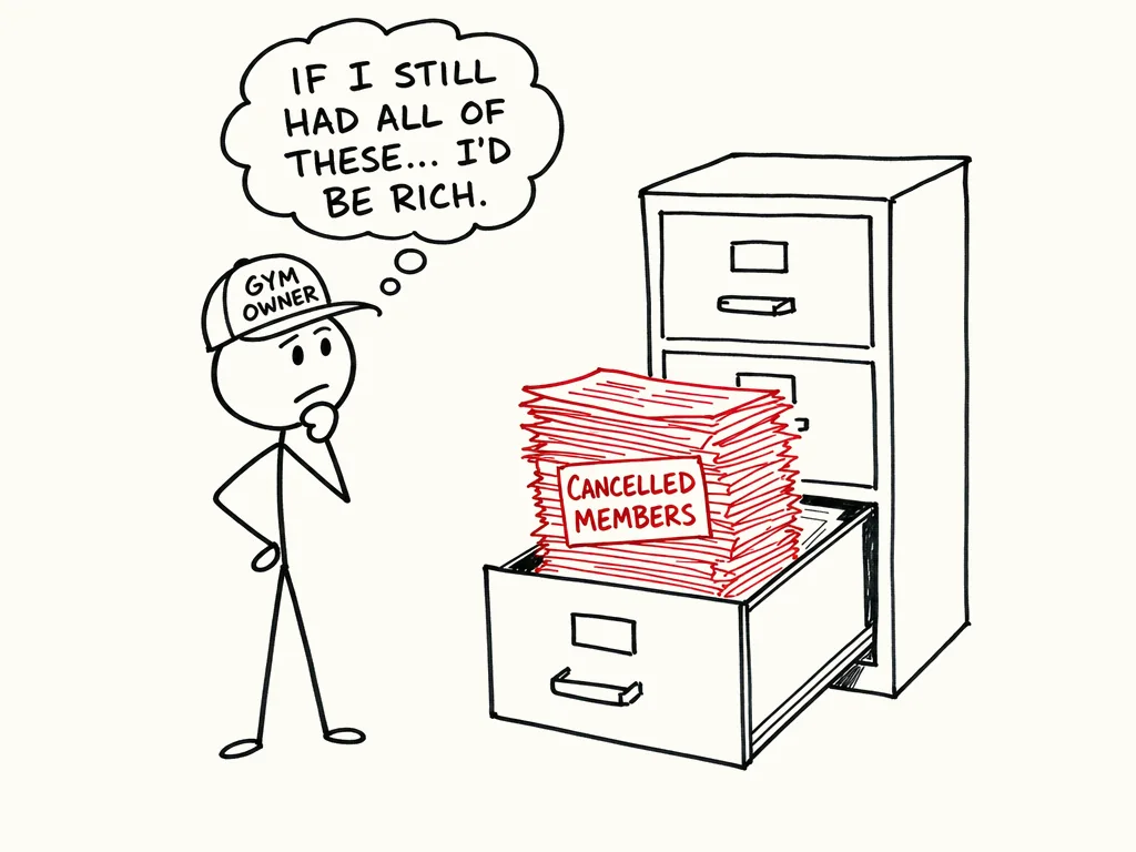 Sketch of a school owner looking at a drawer overflowing with cancelled member files