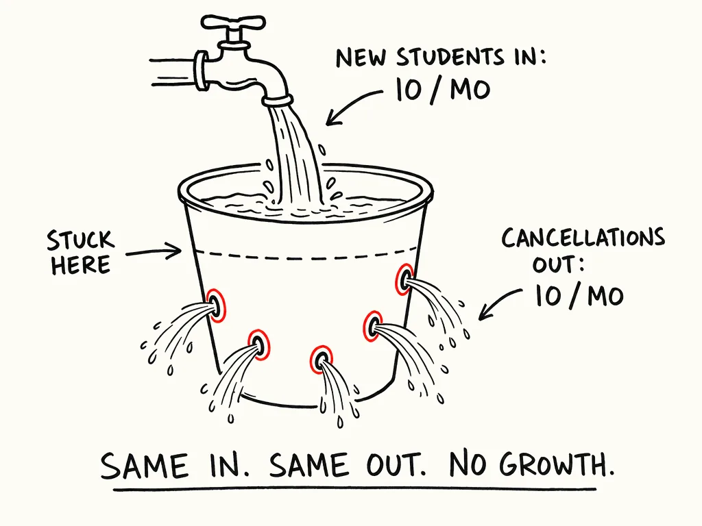 Hand-drawn bucket with a faucet pouring in 10 students a month and holes leaking out 10 a month