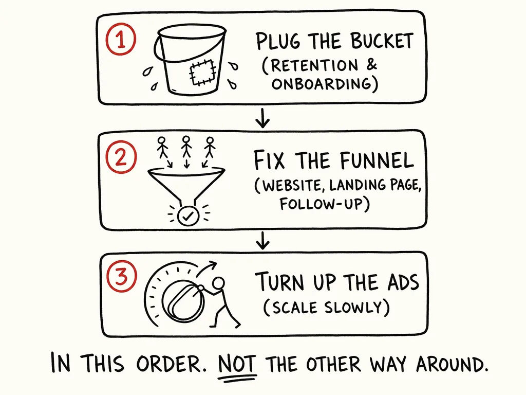 Plug the bucket, fix the funnel, turn up the ads